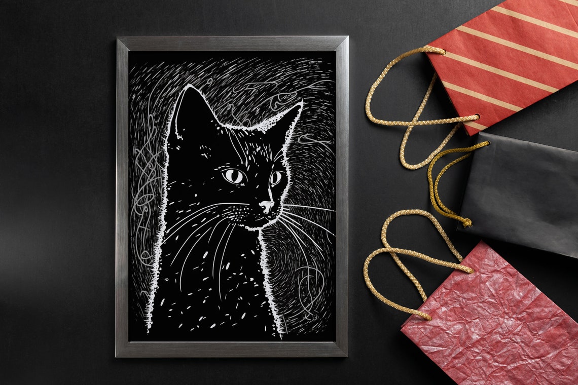 Black Cat Head White on Black Scratchboard Minimalist Pet Poster - Image 4
