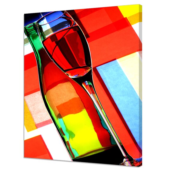 Rainbow Abstract Wine Bottle and Glass Modern Kitchen Art Print