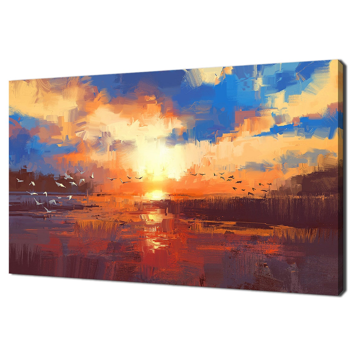 Sunset Birds Over Lake Oil Painting Style Vibrant Sky Nature Poster
