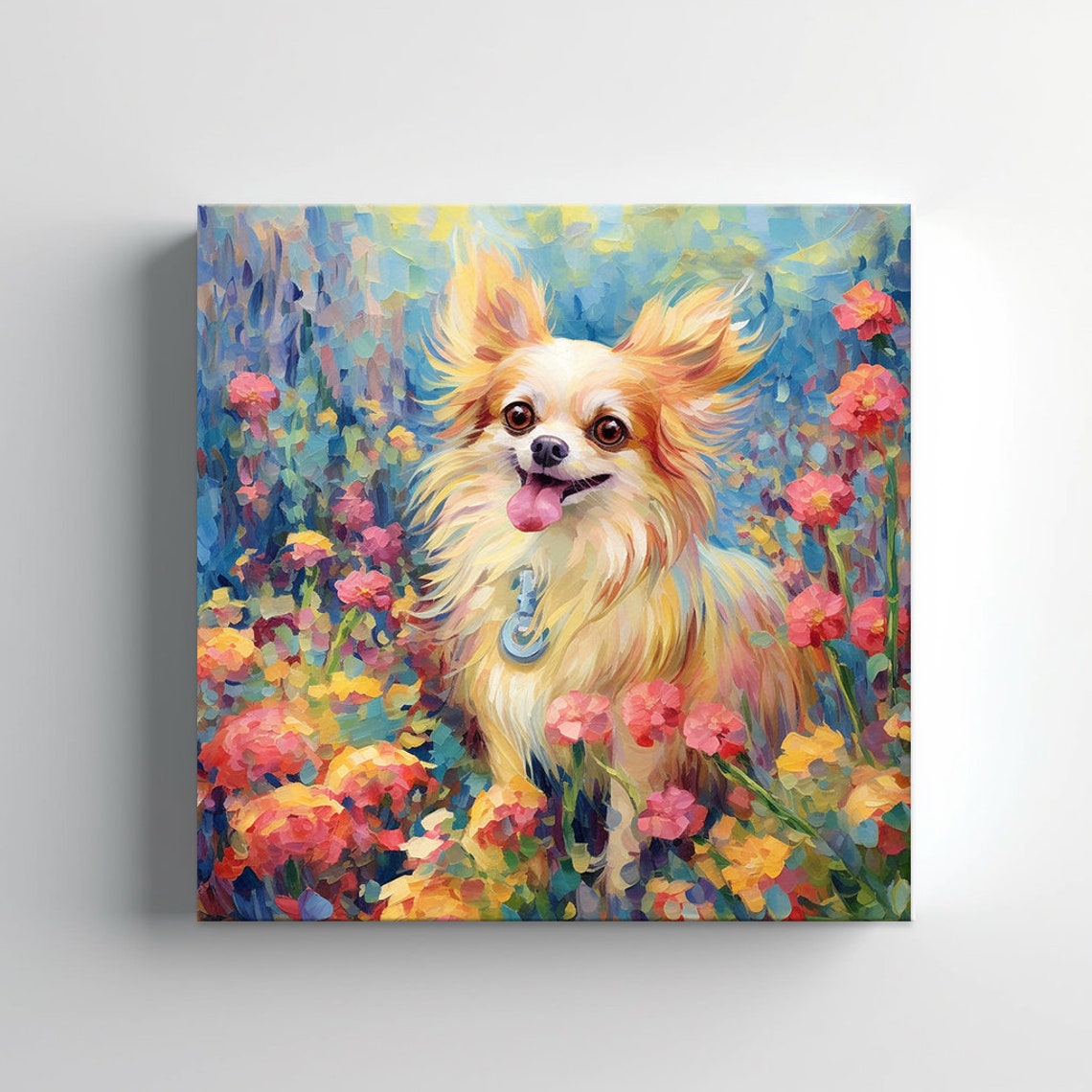 Smiling Long Haired Chihuahua Anchor Collar Flower Field Art Poster - Image 2