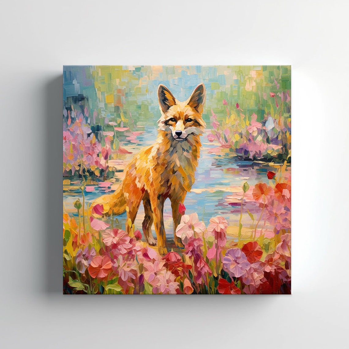 Red Fox Lakeside Pink Wildflowers Impressionist Wildlife Art Print - Image 3