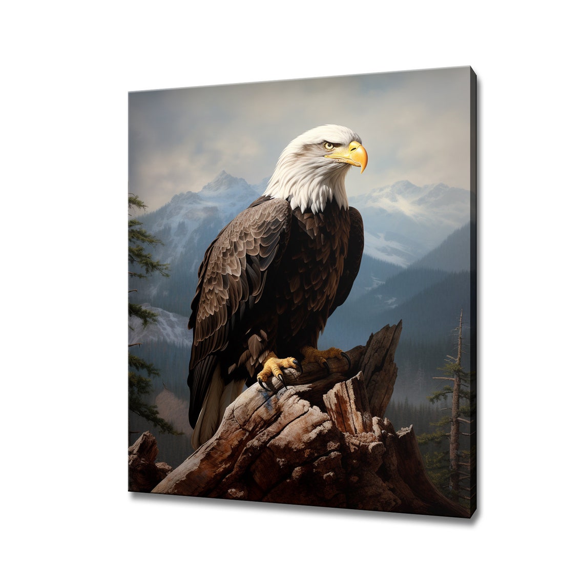 Bald Eagle Perched On Tree Stump With Snowy Mountain View Poster