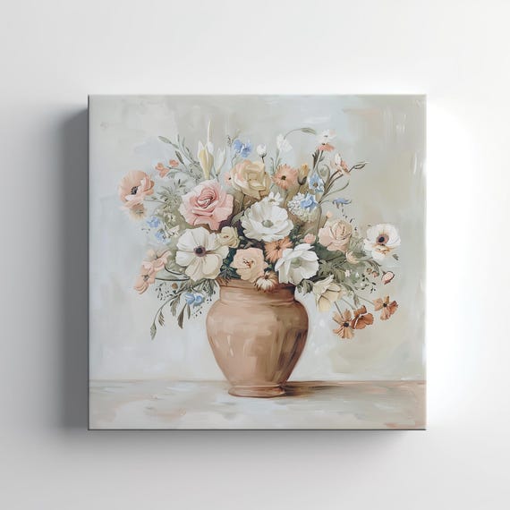 Vase Of Pastel Flowers, Neutral Tones Art Print