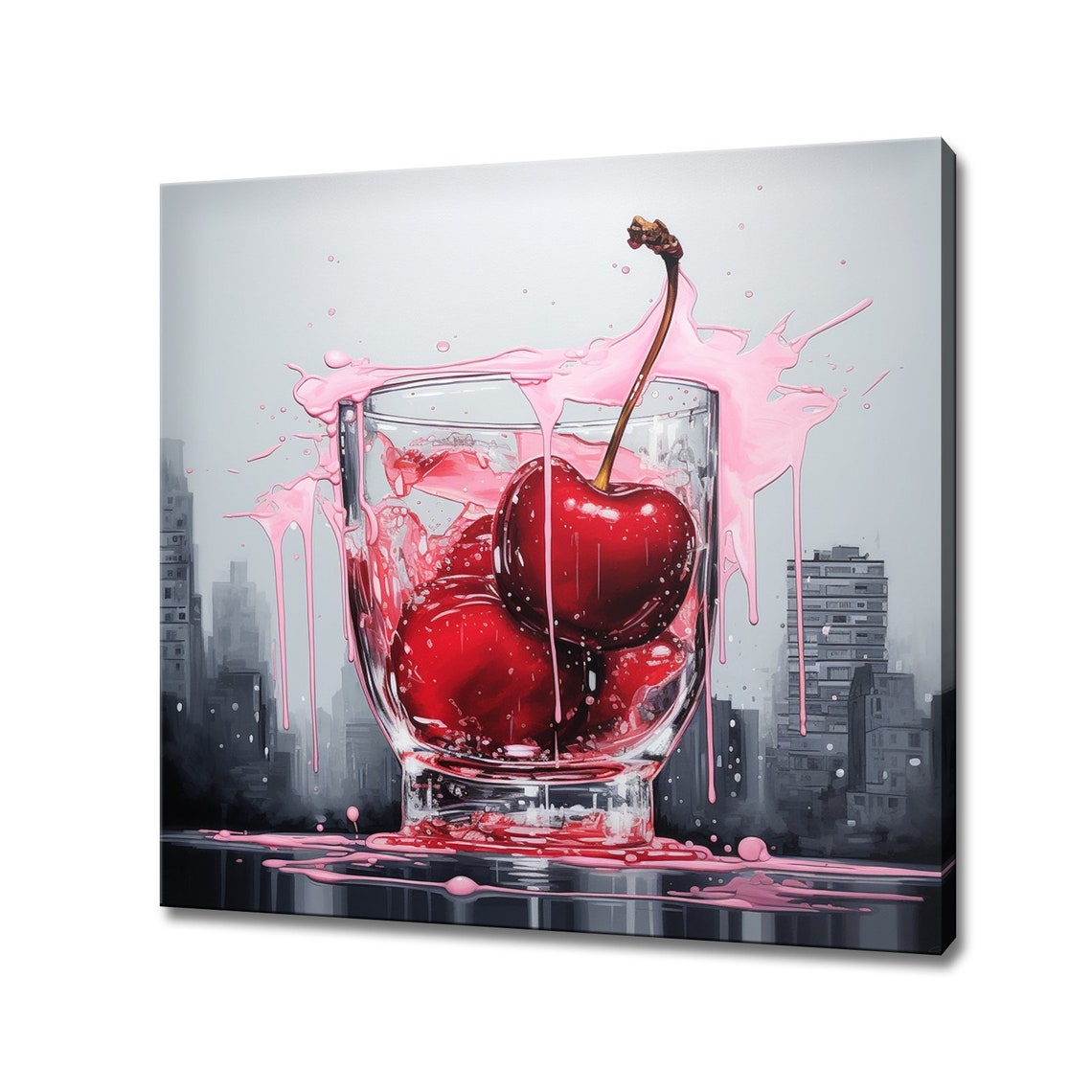 Cherry Cocktail Splash City Skyline Bar Watercolor Art Print