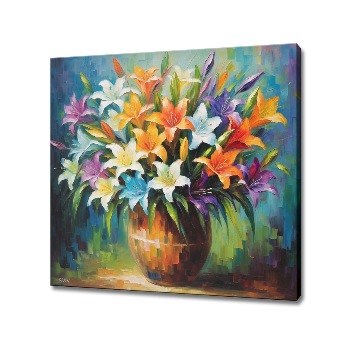 Multicolour Lily Bouquet Amber Vase Mosaic Impasto Floral Art Poster