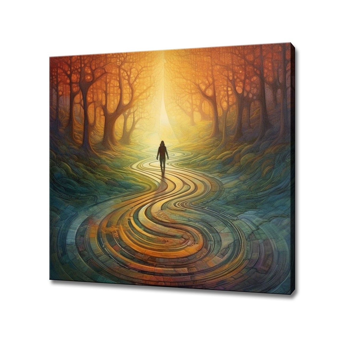 Man Walking Glowing Forest Path Toward Light Surreal Dream Poster