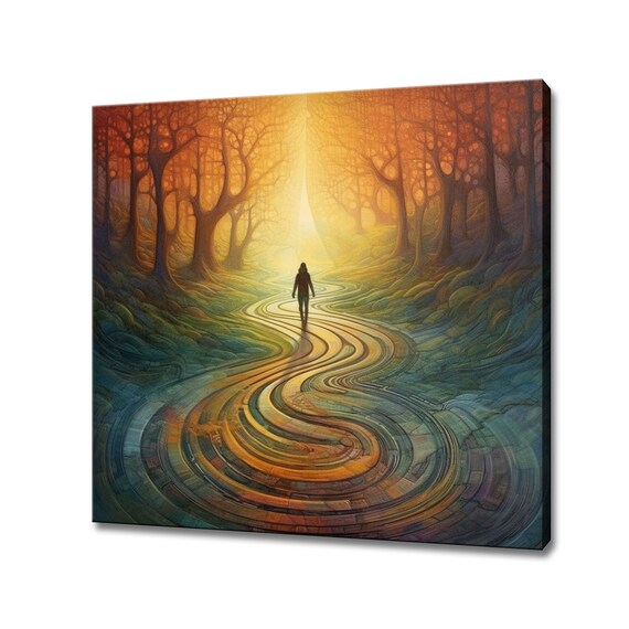 Man Walks Towards The Sun In Surreal Forest Abstract Psychedelic Painting Style Print Colourful Fantasy Retro Design Landscape Print