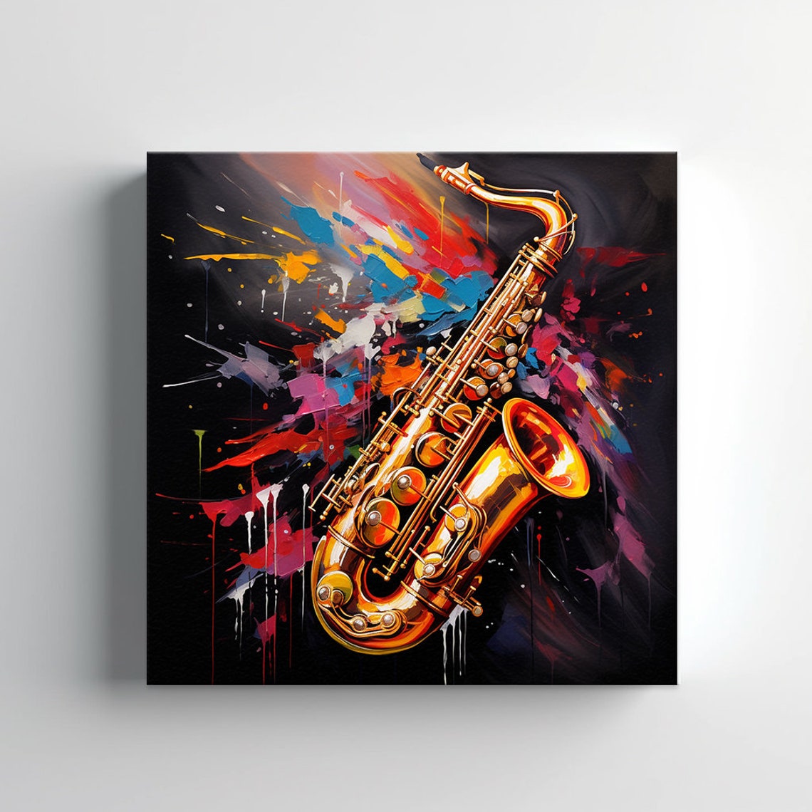 Golden Saxophone Painting With Colorful Paint Splashes Music Wall Art - Image 2