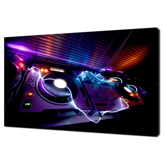 DJ Mixer Turntables Neon Blue Purple Nightclub Music Equipment Print