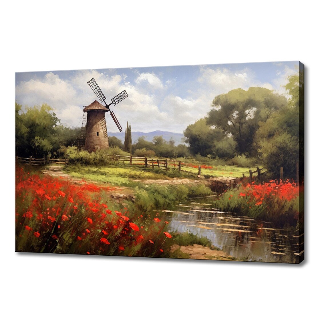 Red Poppies and Windmill, Vintage Farmhouse Art Print