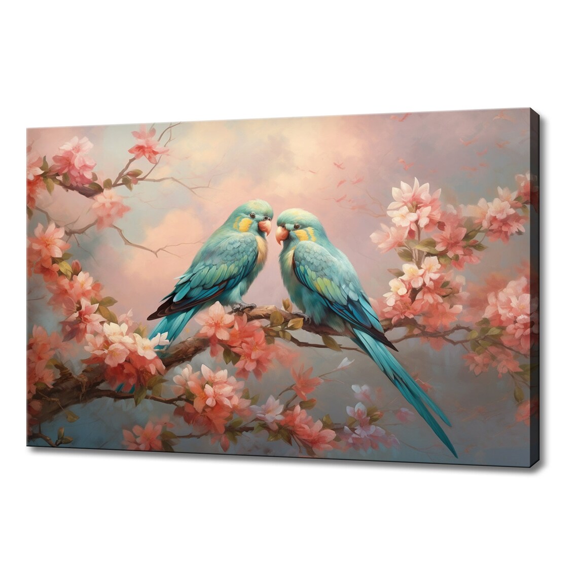 Two Mint Parrots Love Birds, Spring Nature Art Print