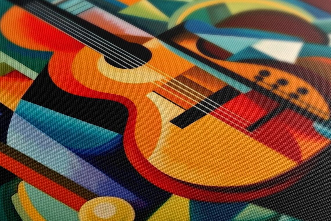 Cubist Acoustic Guitar Still Life Orange Teal Geometric Music Art Poster - Image 3