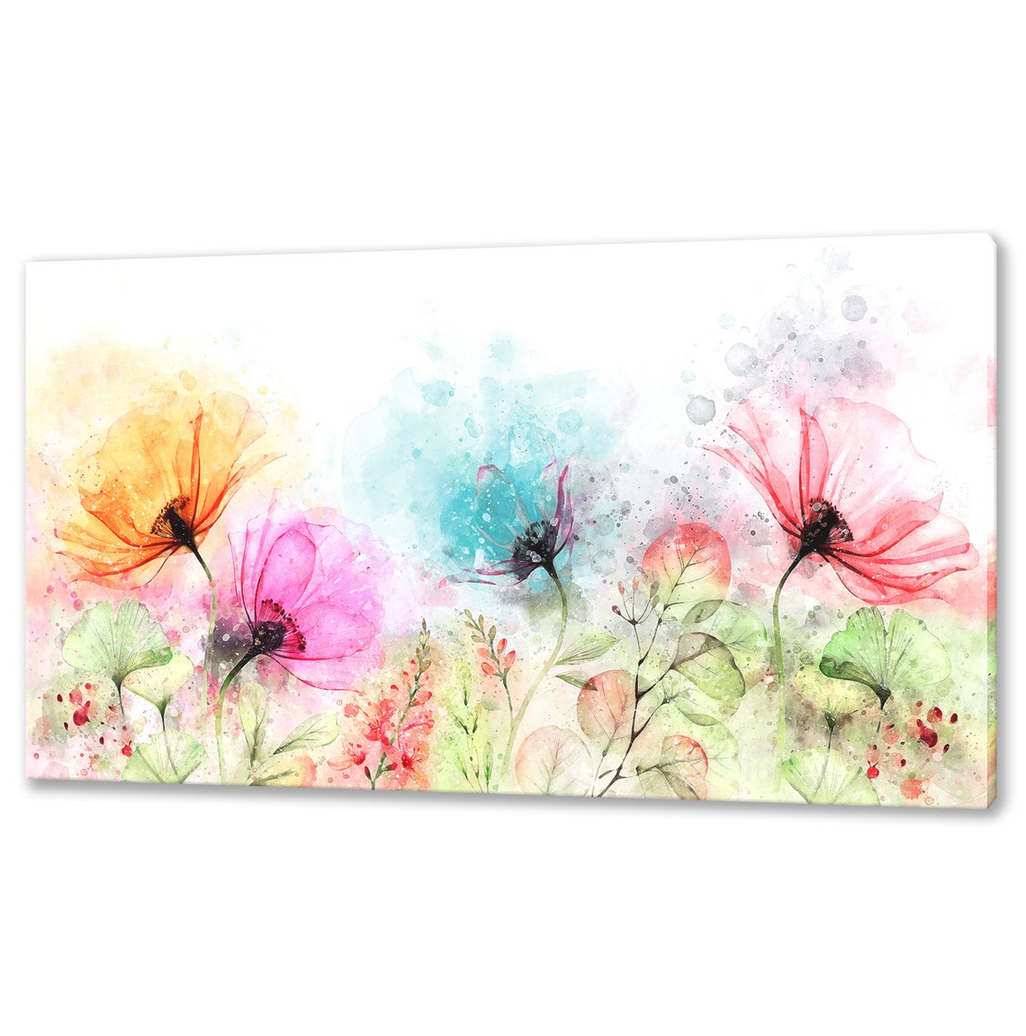 Colorful Poppy Flowers Watercolor Panoramic Pastel Floral Wall Art