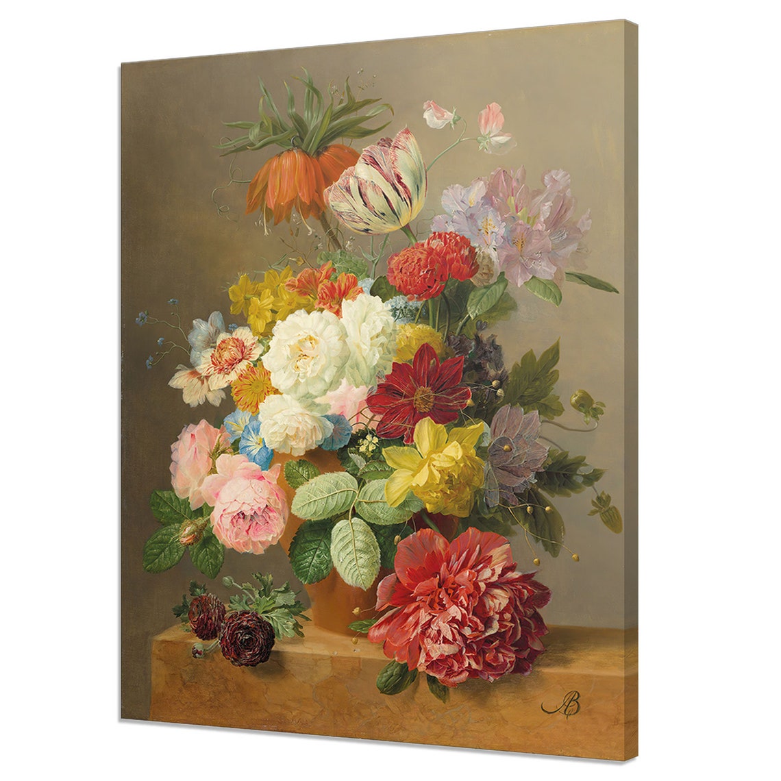 Still Life With Roses Peonies Tulips Narcisses Flowers Victorian Fine Art Vintage Oil Painting Print Antique Floral Art