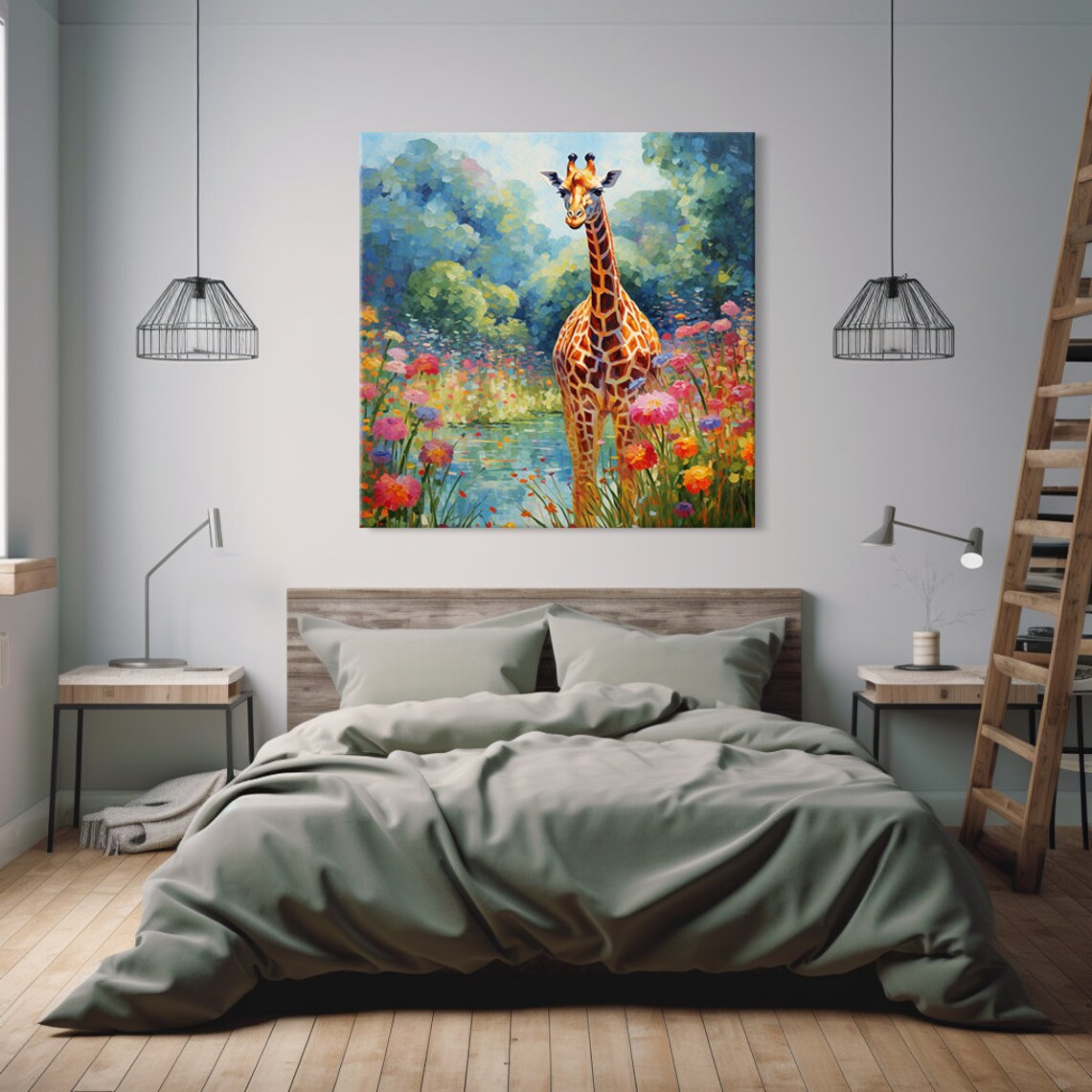 Giraffe By A Pond In A Colorful Flower Garden Painting Poster - Image 2