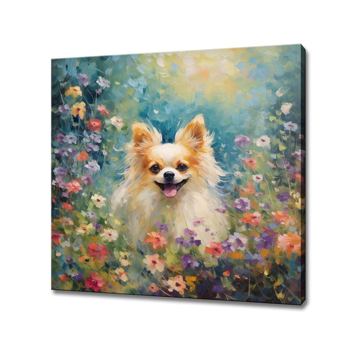Happy Long Haired Chihuahua in Wildflower Field Oil Painting Poster