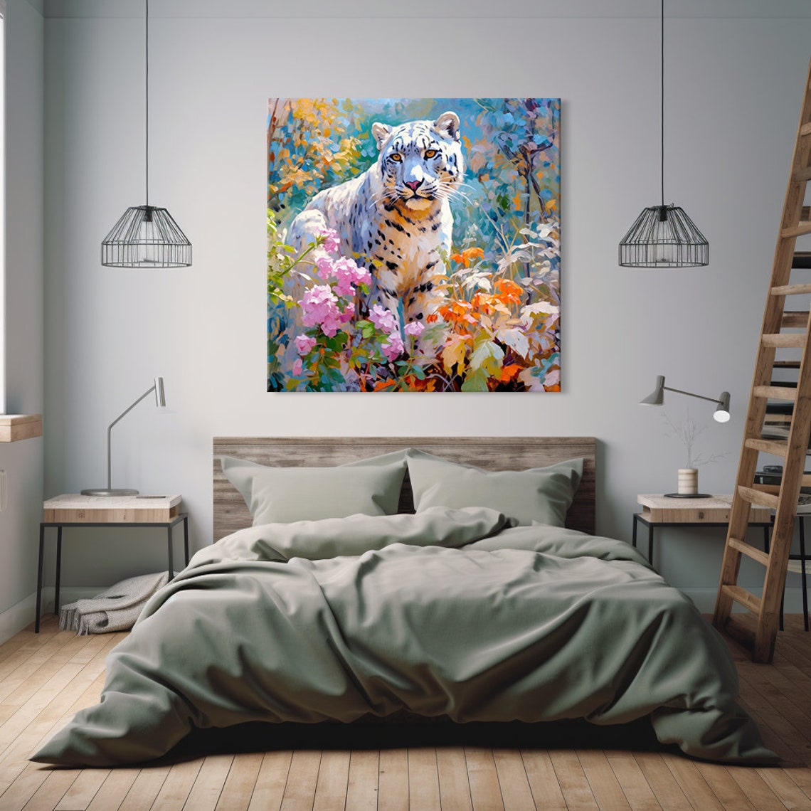 Snow Leopard Among Pink Blossoms Autumn Foliage Wild Art Print - Image 3