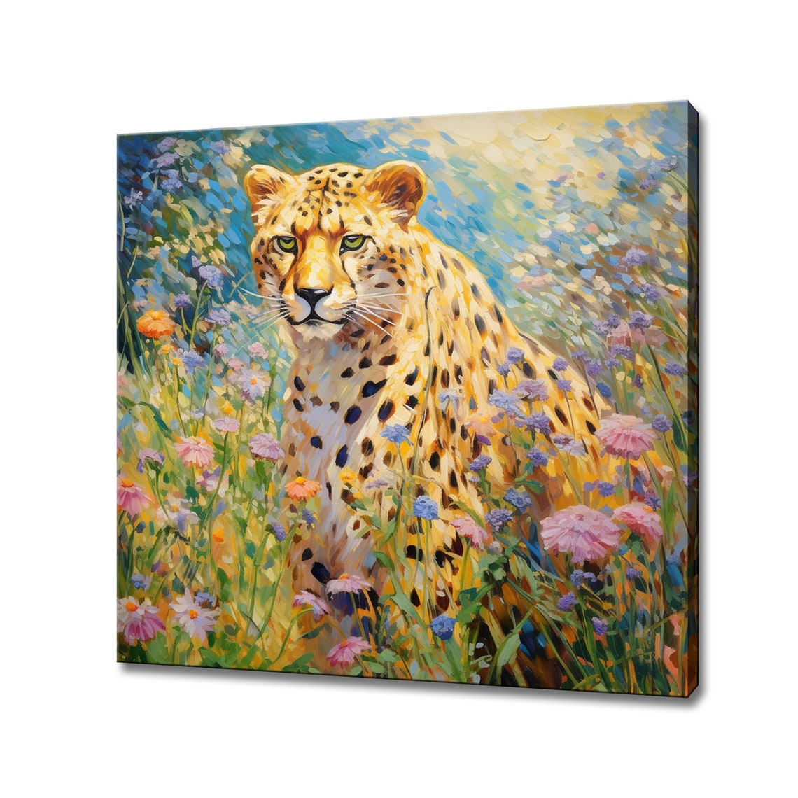 Cheetah In Sunlit Wildflower Meadow Graceful Wildlife Art Poster
