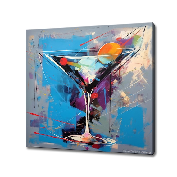 Abstract Martini Glass Olive Blue Red Modern Bar Art Painting Poster