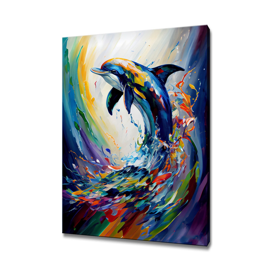 Colorful Dolphin Jumping Ocean Waves Vibrant Marine Animal Art Print