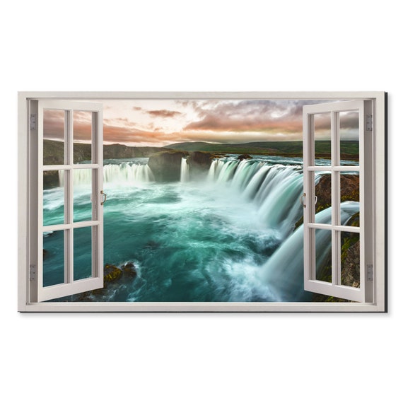 Godafoss Icelandic Waterfall Window View Window Frame Style Modern Design Home Decor Print Wall Art Picture Ready To Hang