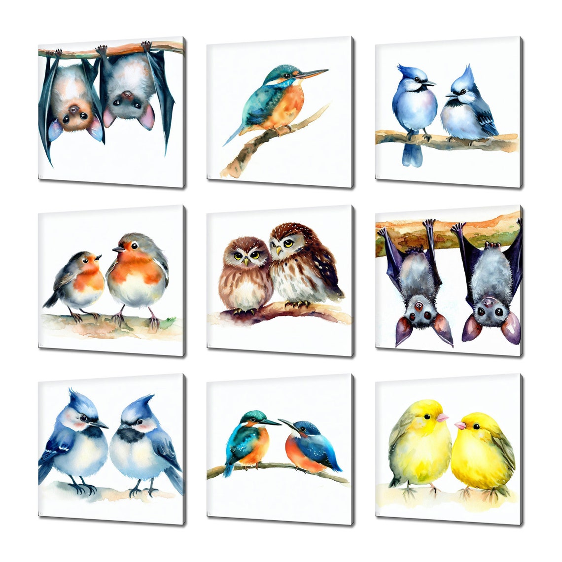 Cute Watercolor Birds Owls Bats 9 Panel Kids Nursery Decor Wall Art