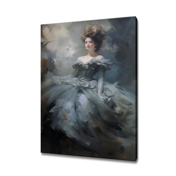 Elegant Lady In Light Grey Victorian Baroque Puffy Dress Painting Style Print Modern Home Decor Fashion Wall Art Gift For Her