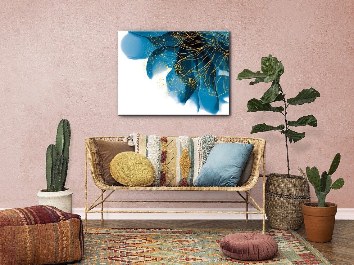 Blue Gold Abstract Petals Modern Fluid Art Luxe Wall Decor Poster - Image 2