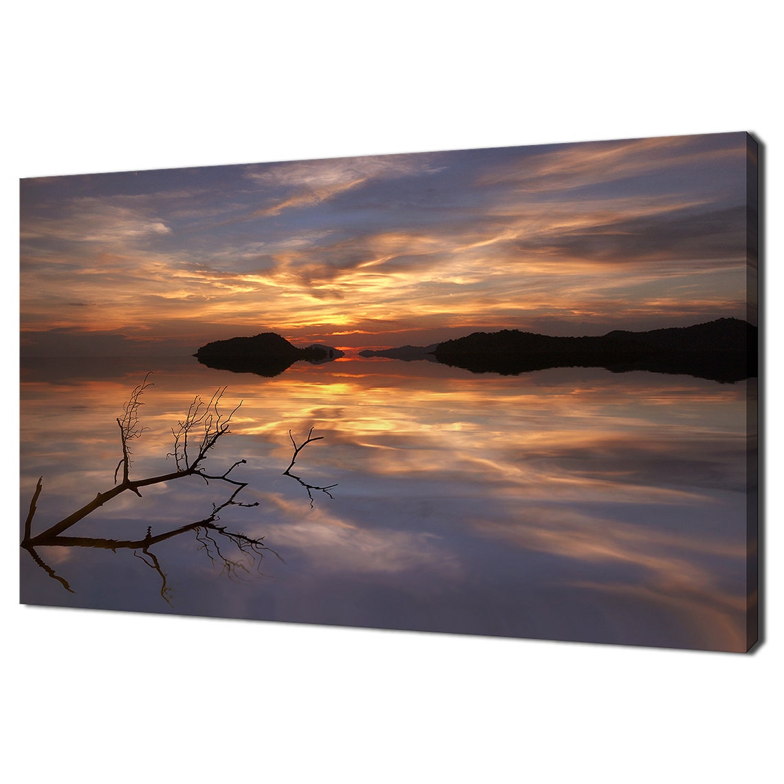 Island Sunset Over Calm Sea Golden Sky Reflection Nature Poster