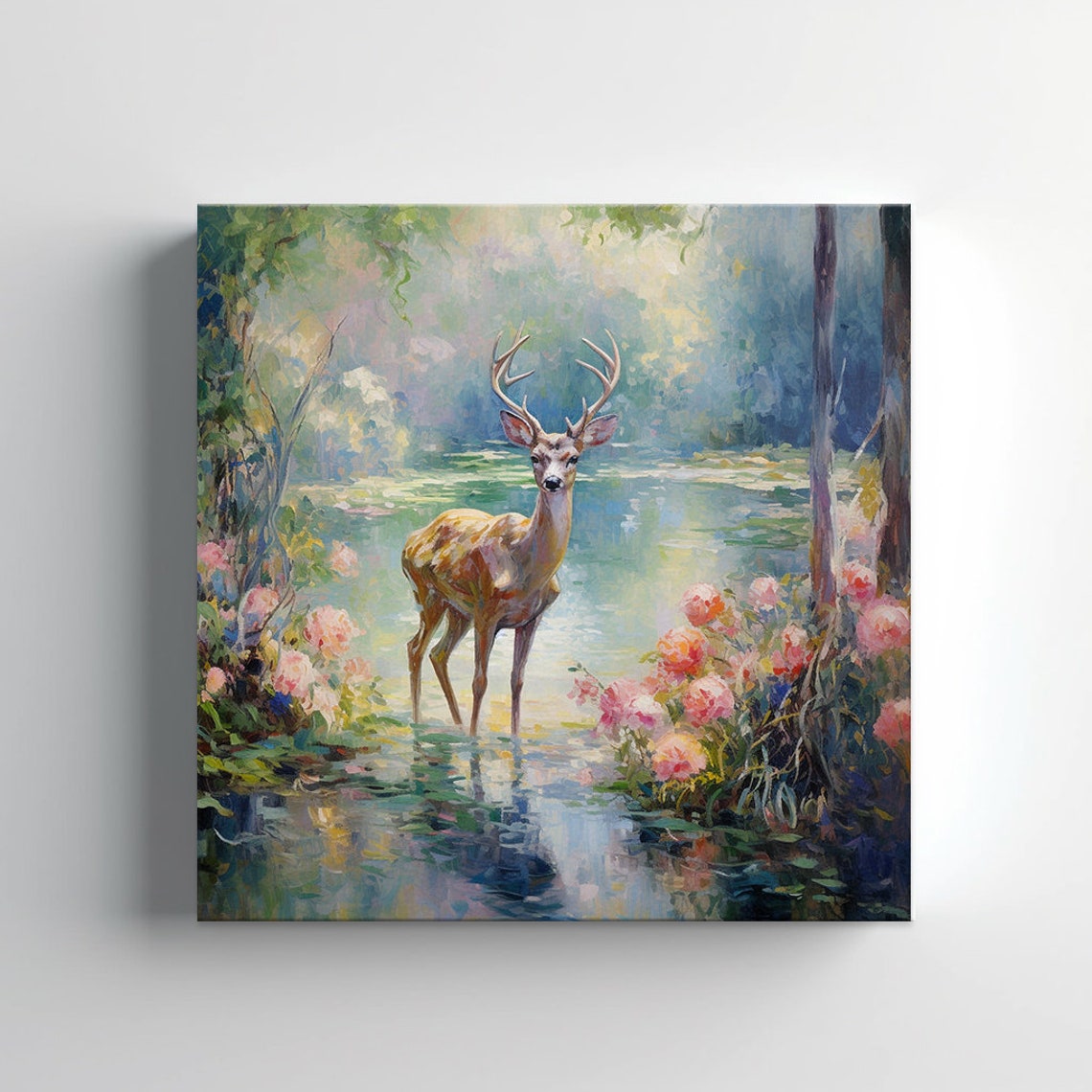Graceful Deer With Antlers In Forest Pond Pink Roses Painting Print - Image 3