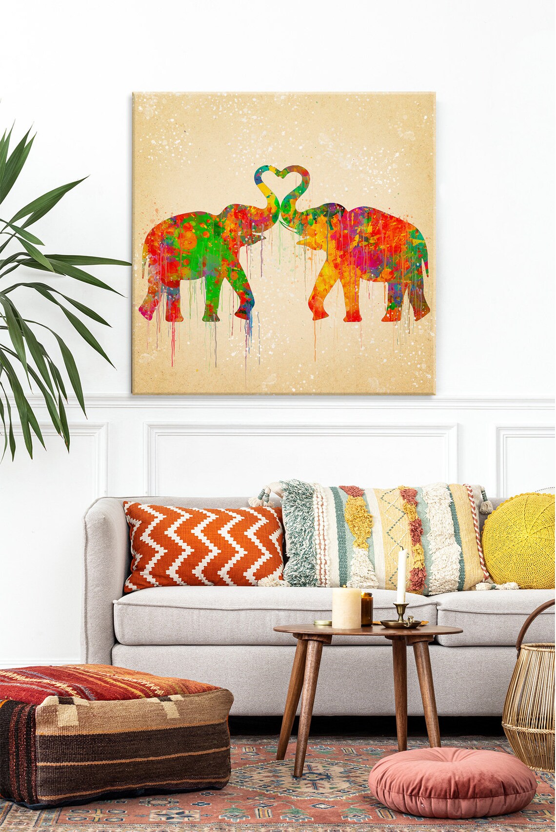 Elephants In Love Heart Trunks Colourful Watercolour Splatter Wall Poster - Image 2
