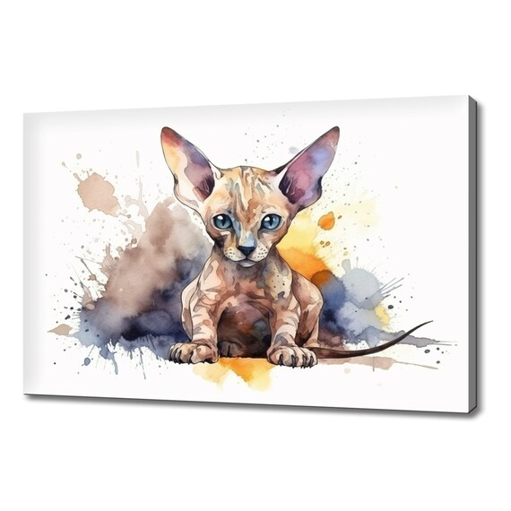 Sphynx Kitten Watercolor Portrait Big Blue Eyes Cat Wall Print