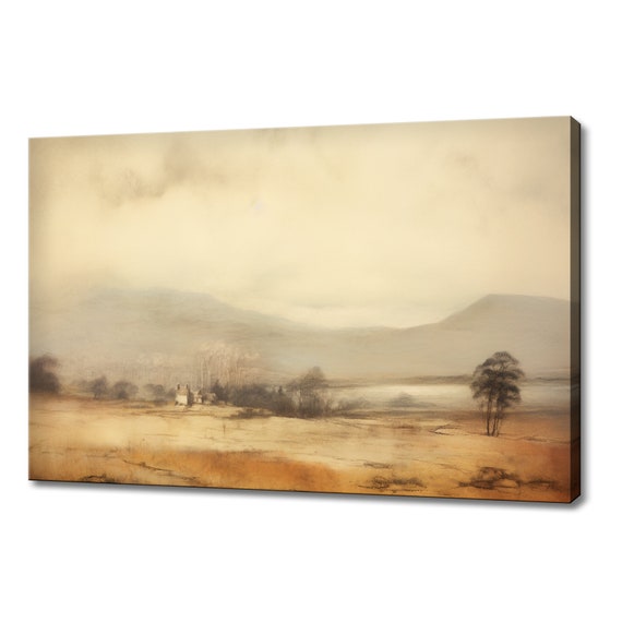 Vintage Fields Landscape Countryside Painting Style Print Farmhouse Decor Art Neutral Nature Picture Wall Hanging Fine Art Print