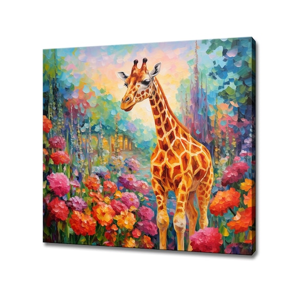 Young Giraffe In Colourful Flower Field Painterly Safari Poster
