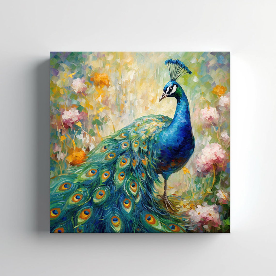 Peacock With Fanned Feather Tail Among Pink Blossoms Art Poster - Image 3