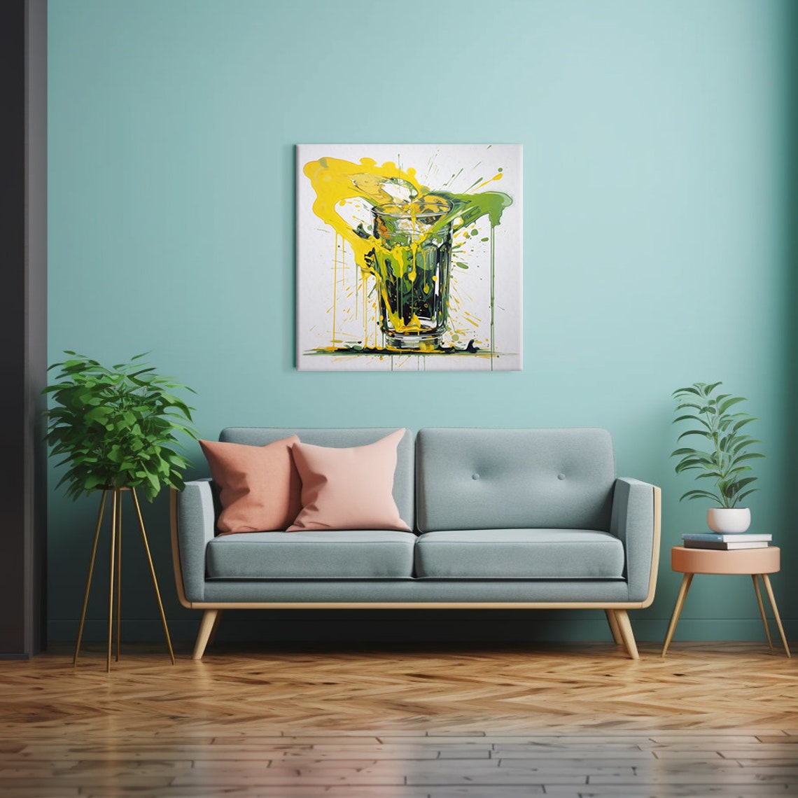Abstract Paint Splash Cocktail Glass Yellow Green Kitchen Art Print - Image 2