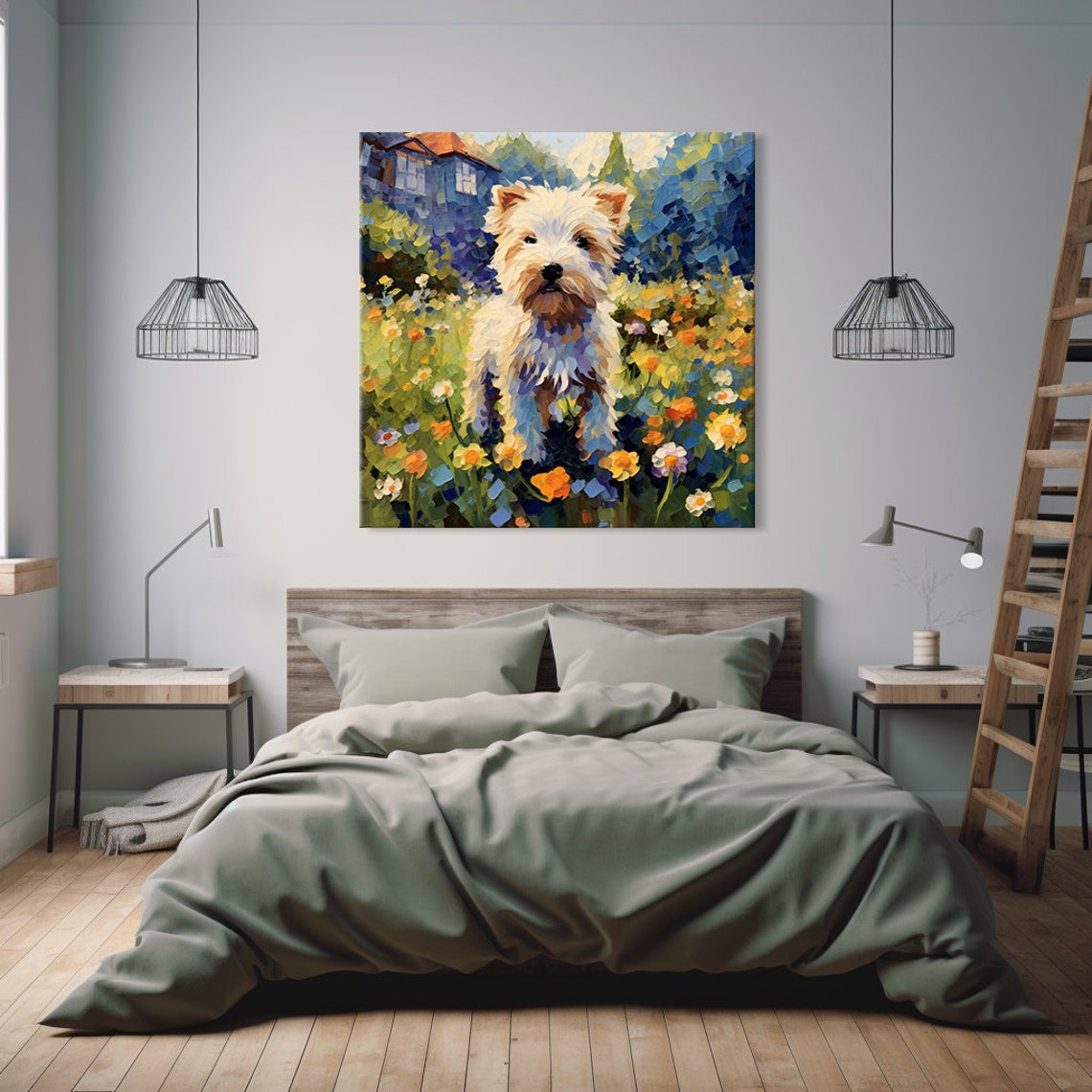 White Terrier Puppy In Blooming Flower Garden Impasto Portrait Poster - Image 2