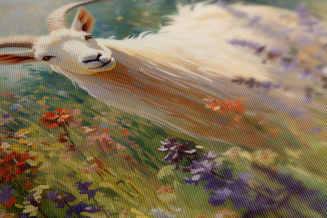 White Goat Portrait Colorful Wildflower Field Painterly Art Poster - Image 4