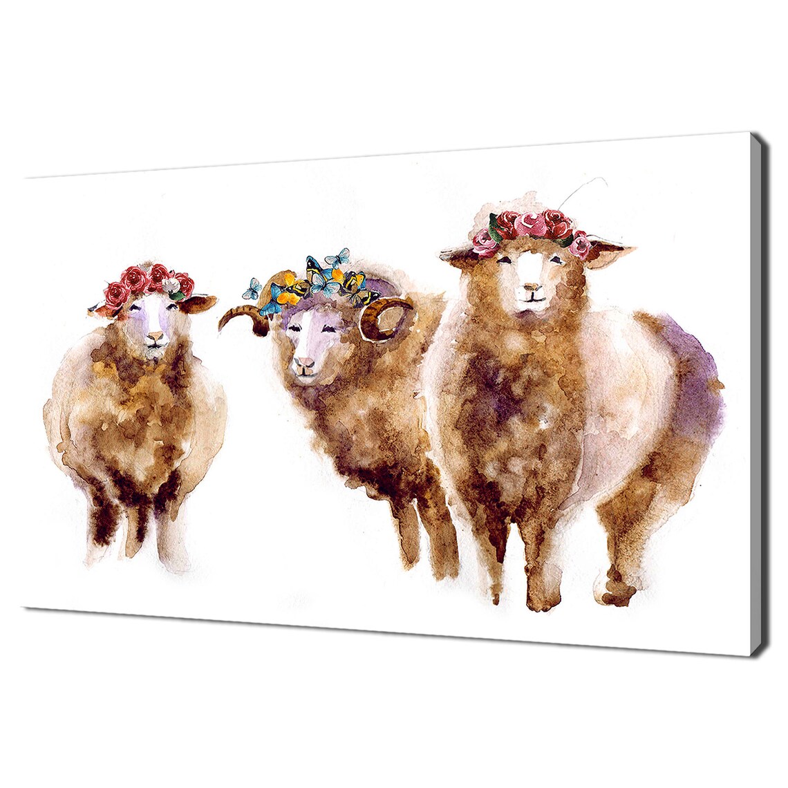 Three Sheep Wearing Flower Crowns Watercolor Cute Farm Animal Poster