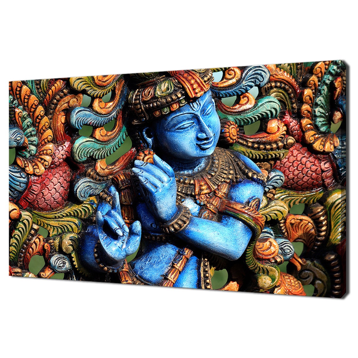 Lord Krishna Blue Carved Statue Hindu Deity Flute Vibrant Art Print