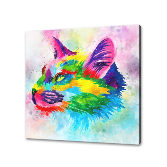 Kitten Rainbow Watercolor Fluffy Cat Head Profile Close Up Poster