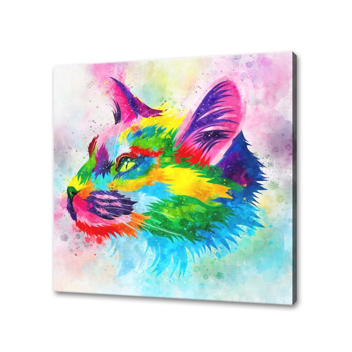 Kitten Rainbow Watercolor Fluffy Cat Head Profile Close Up Poster