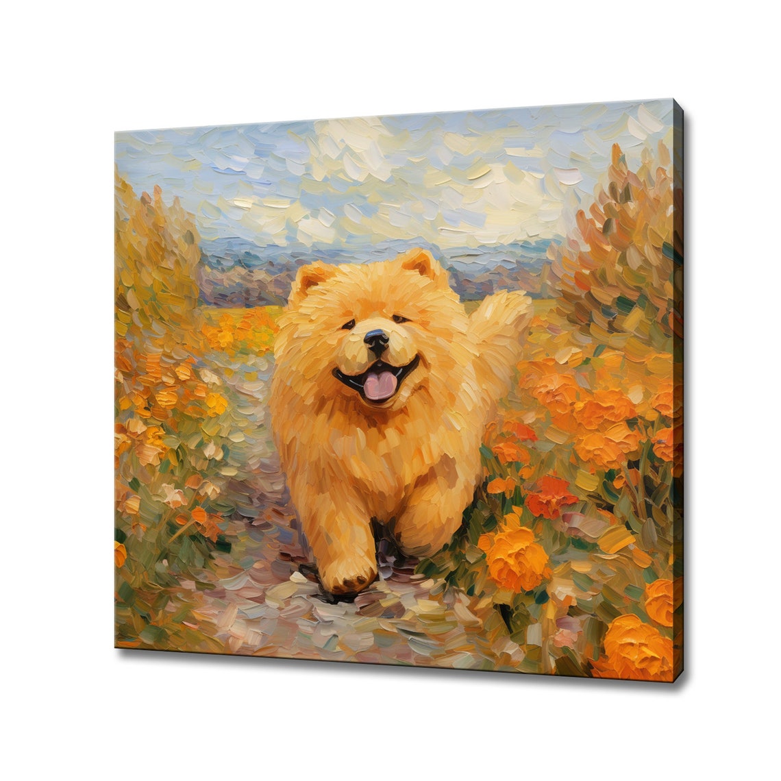 Smiling Chow Chow Dog Among Orange Flowers Impressionist Pet Poster