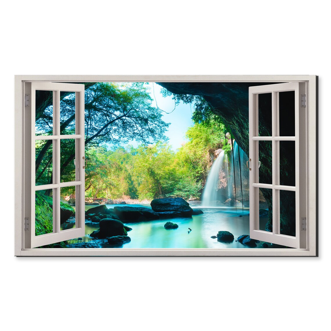 Cave Inthe Forest Waterfall Window View Window Frame Style Modern Design Home Decor Print Wall Art Picture Ready To Hang