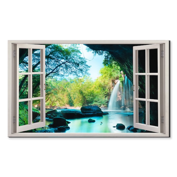Cave Inthe Forest Waterfall Window View Window Frame Style Modern Design Home Decor Print Wall Art Picture Ready To Hang
