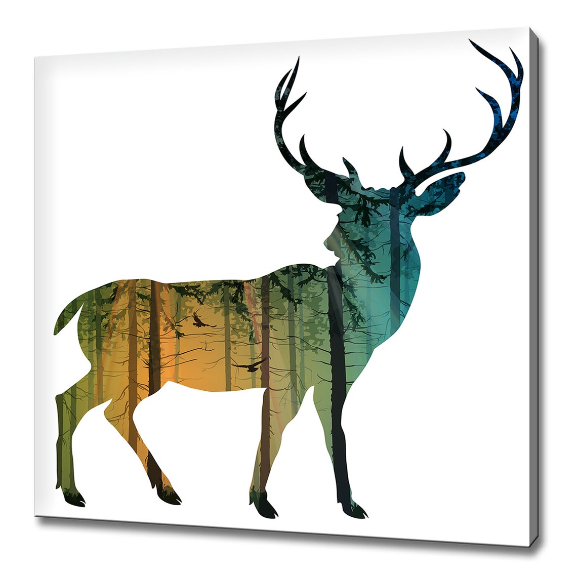 Deer Stag Double Exposure Pine Forest Birds Sunset Nature Art Poster