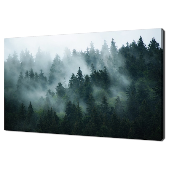 Dark Green Misty Landscape With Fir Forest Print