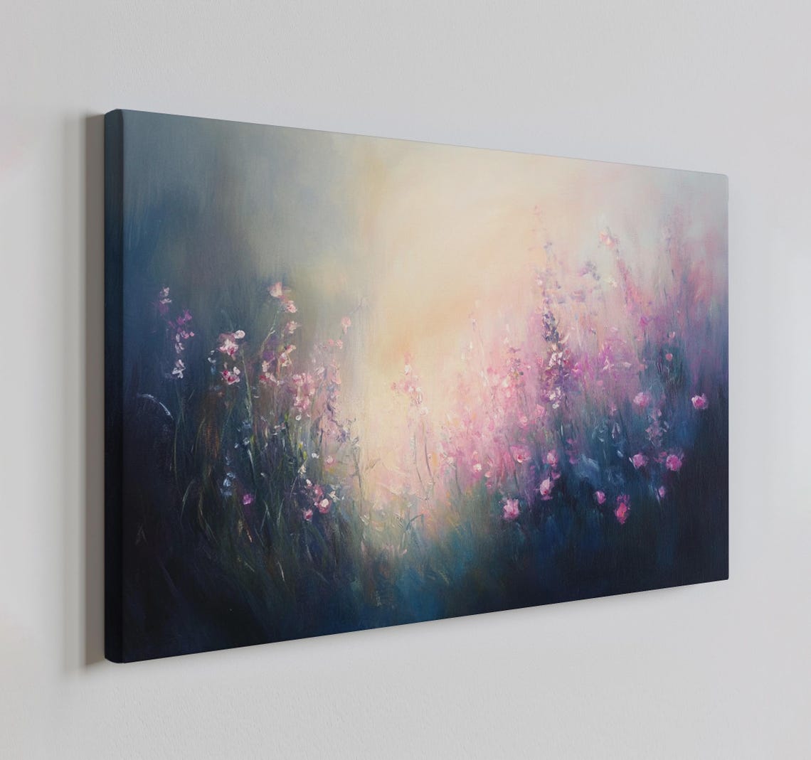 Dreamy Meadow Pink Flowers Vintage Countryside Painting Style Print Farmhouse Decor Art Nature Picture Wall Hanging Fine Art Print