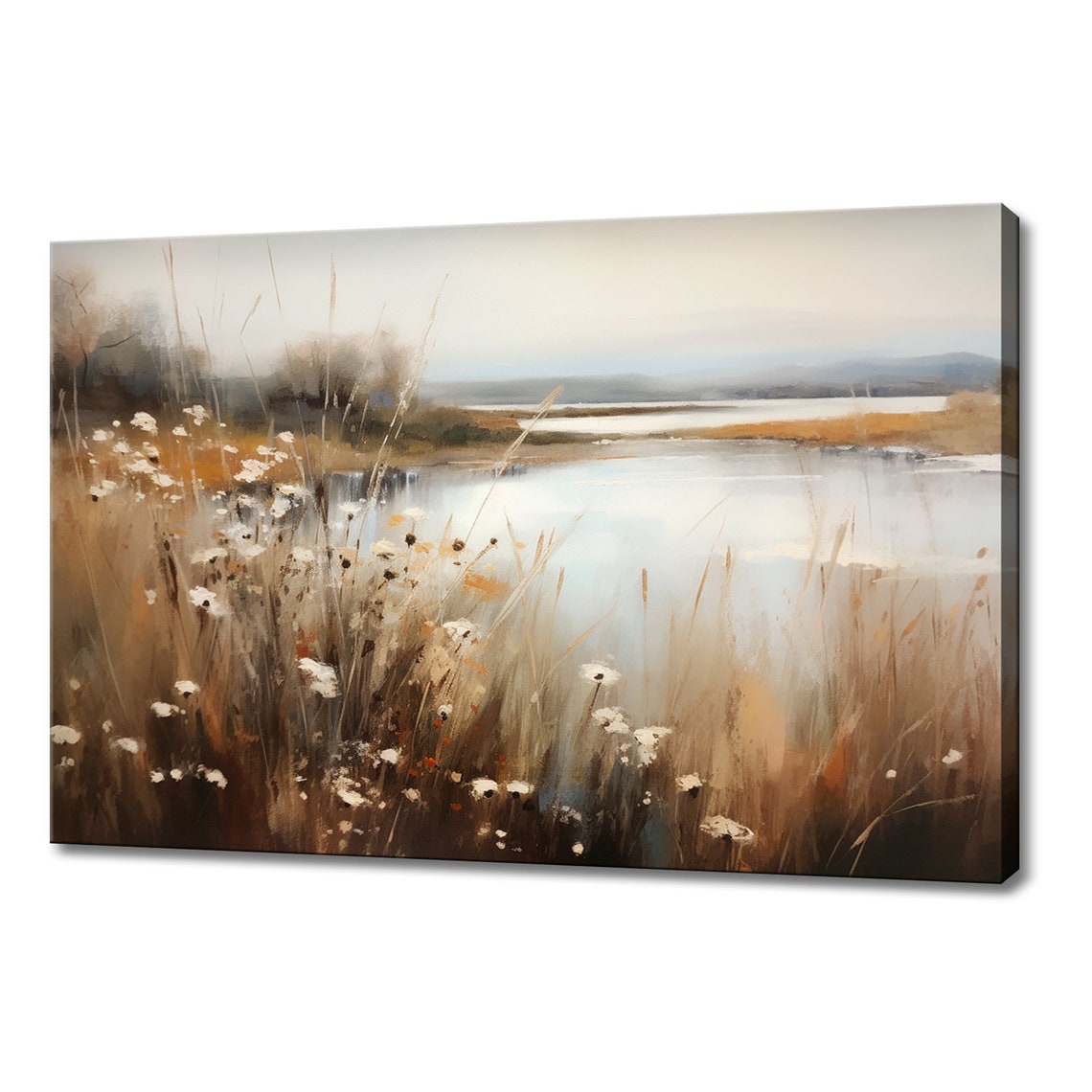 Flowers Meadow Field By The Lake Vintage Painting Style Print Farmhouse Decor Art Nature Picture Wall Hanging Fine Art Print
