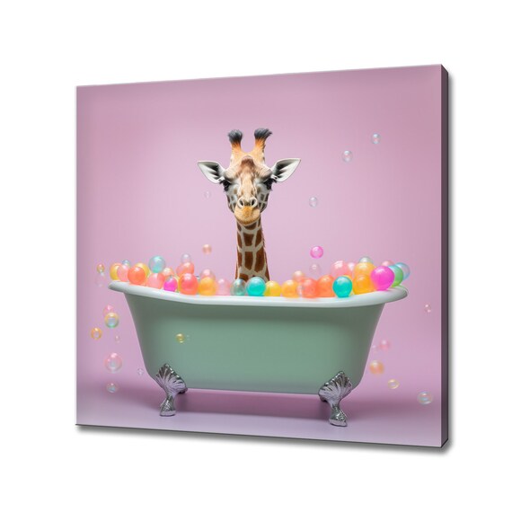 Funny Giraffe In Vintage Bathtub Full Of Colorful Balls Bathroom Poster